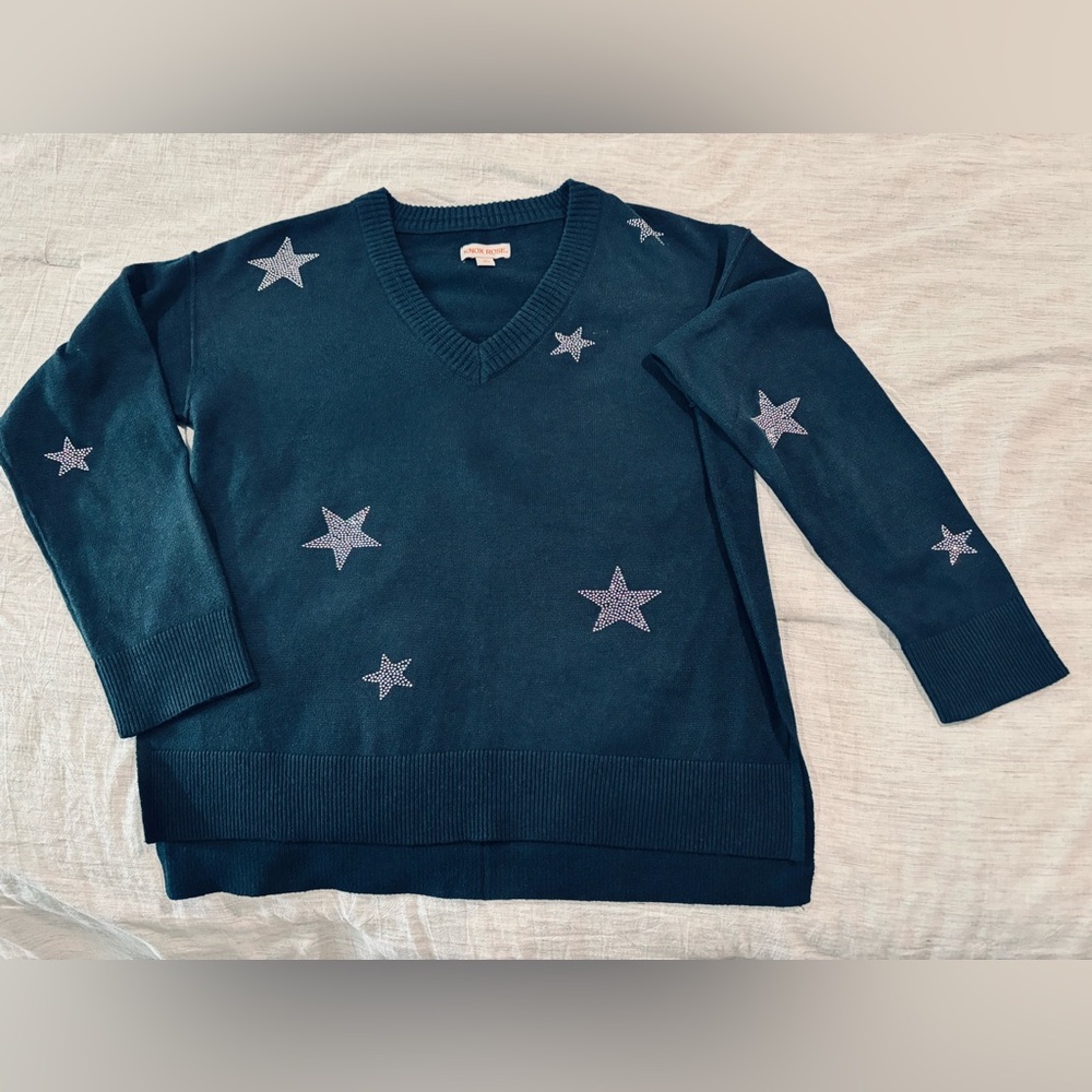 Knox Rose Dark Teal V-Neck Sweater with Star Accents